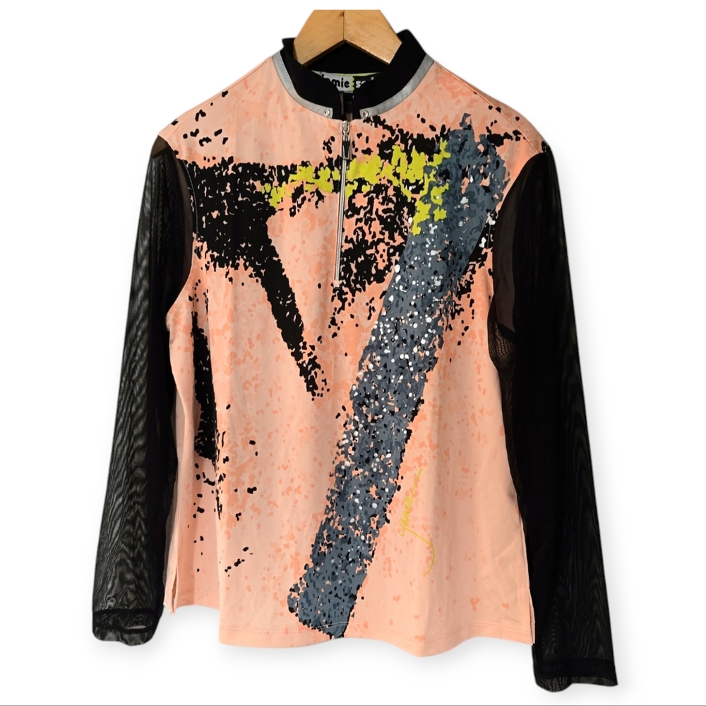 Jamie Sadock Women's Medium Golf Mesh Long Sleeve Shirt Black Pink 1/4 Zip Top